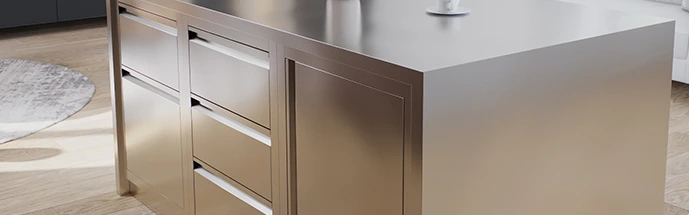 Кухонный фасад полностью из нержавейки Фасад кухонный из нержавеющей стали