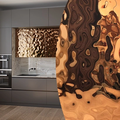 Мебельный фасад из нержавеющей стали "Водная рябь" розовое золото на заказ Мебельный фасад из нержавеющей стали "Водная рябь" розовое золото