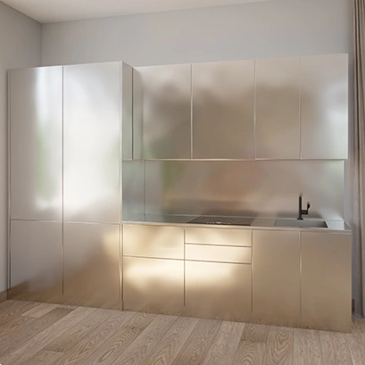 Кухня с фасадами из нержавеющей стали водная рябь "Erika с пеналом"