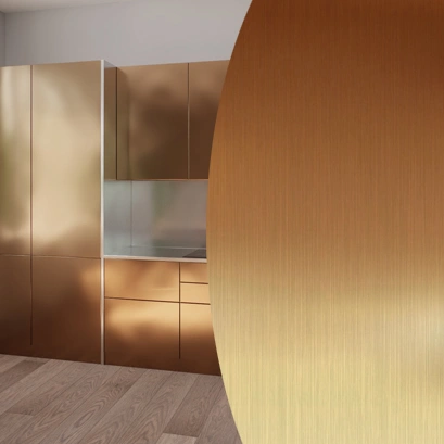 Мебельный фасад из шлифованной нержавеющей стали розовое золото на заказ Мебельный фасад из шлифованной нержавеющей стали розовое золото