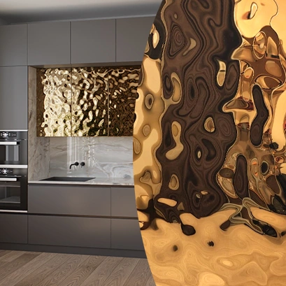 Мебельный фасад из нержавеющей стали "Водная рябь" золотой на заказ Мебельный фасад из нержавеющей стали "Водная рябь" золотой