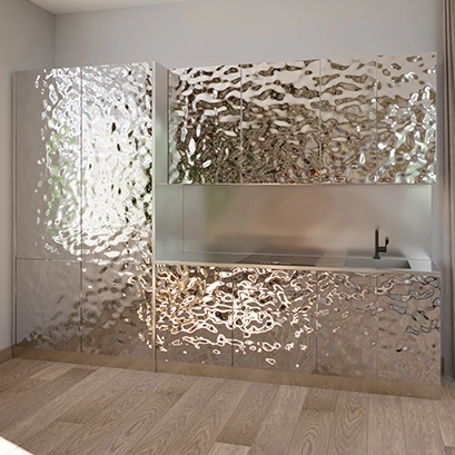 Кухня с фасадами из нержавеющей стали водная рябь "Breez с пеналом"