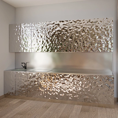 Кухня с фасадами из нержавеющей стали водная рябь "Breez"