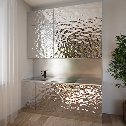 Кухня с фасадами из нержавеющей стали водная рябь "Breez superior"