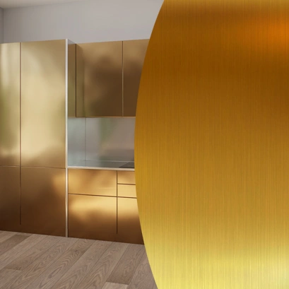 Мебельный фасад из шлифованной нержавеющей стали золото на заказ Мебельный фасад из шлифованной нержавеющей стали золото