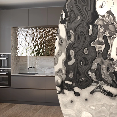 Мебельный фасад из нержавеющей стали "Водная рябь" серебро на заказ Мебельный фасад из нержавеющей стали "Водная рябь" серебро