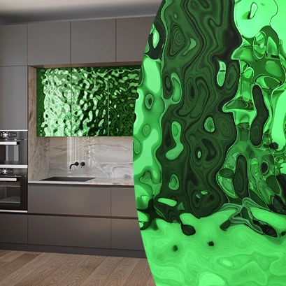 Мебельный фасад из нержавеющей стали "Водная рябь" зеленый на заказ Мебельный фасад из нержавеющей стали "Водная рябь" зеленый